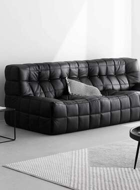 黑色复古设计师豆腐方块格子懒人轻奢沙发直排落地双人三人位毛毛