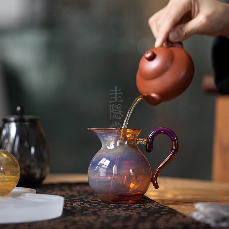 圭隐堂纯手工吹制熏银公道杯耐热玻璃家用带把公杯泡茶匀杯分茶器