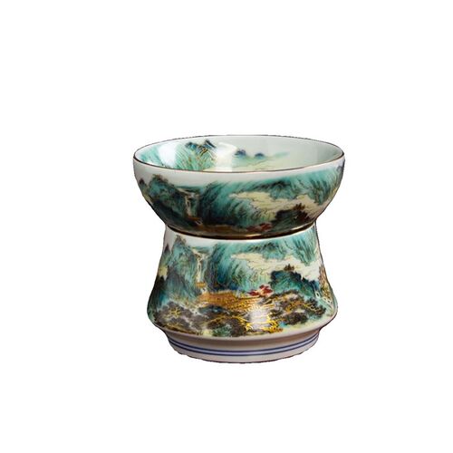 七丞堂新款釉上重工描金粉彩江山如画茶漏过滤器茶水分离茶桌配件