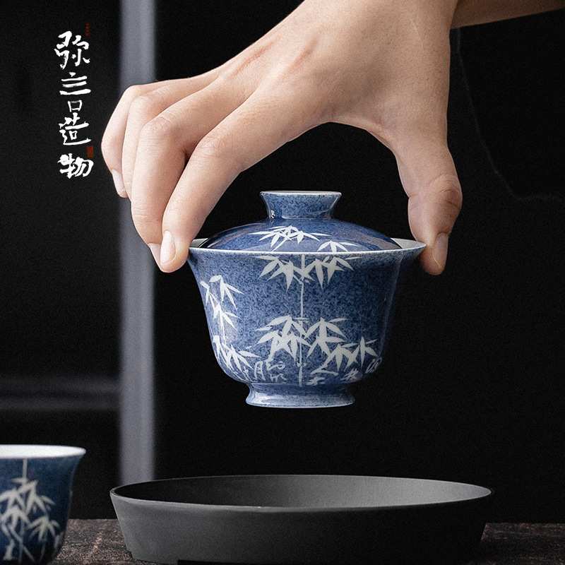 弥言釉下彩留白纯手绘竹子盖碗手工陶瓷泡茶碗家用功夫茶具不烫手
