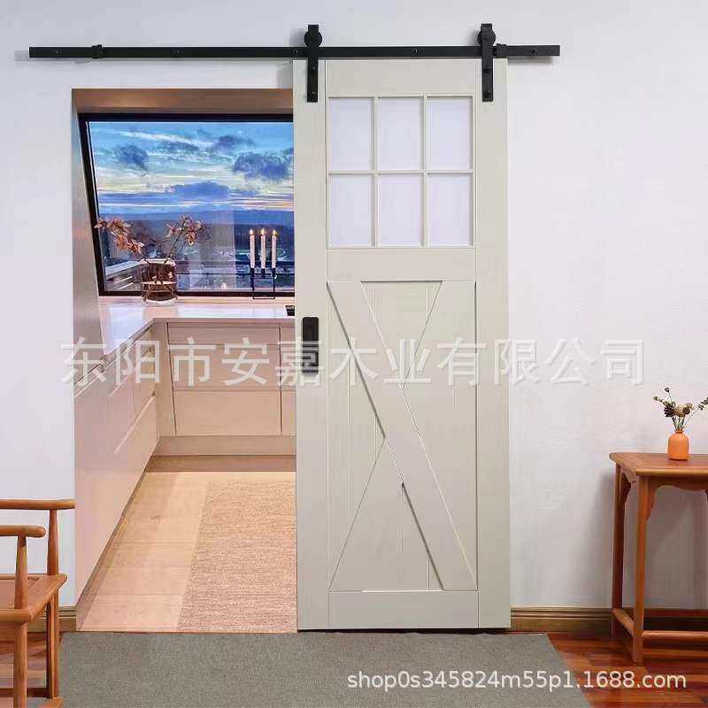 奶油风谷仓门木质简约吊轨门卫生间隔断移门厨房现代玻璃门