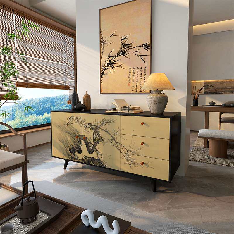 新中式岁寒松柏玄关柜餐厅实木隔断柜客厅电视柜边柜阳台储物柜子