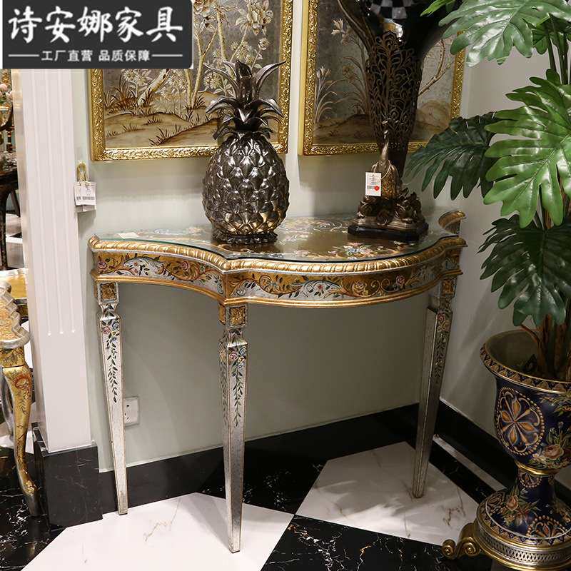 法式宫廷风奢华全实木雕刻手工彩绘花卉门厅金色玄关台