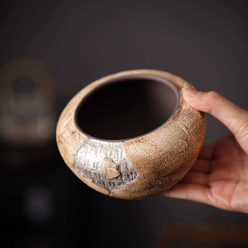 复古老岩泥建水粗陶鎏银大号茶洗陶瓷家用茶渣废水缸水盂茶具配件