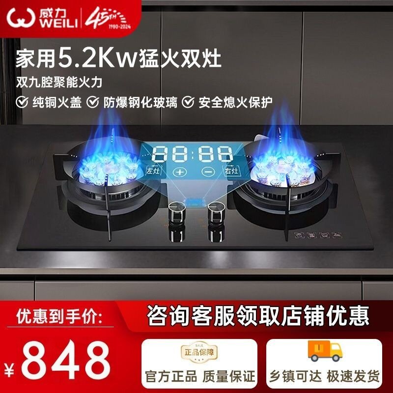 威力燃气灶双灶家用厨房台嵌两用不锈钢天然气液化气定时煤气灶