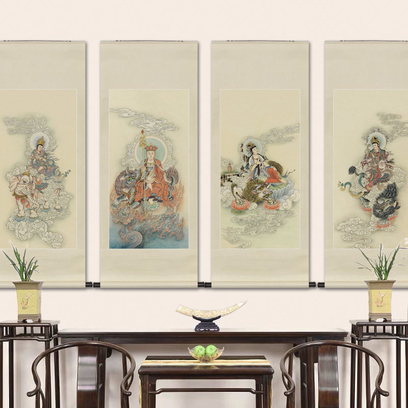 工笔国画四大菩萨画像观音地藏文殊普贤佛堂道场供奉中式卷轴挂画