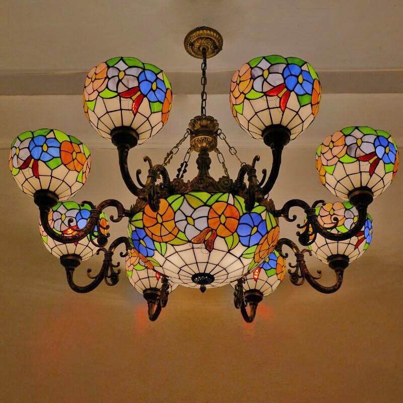 大型房间蜻蜓铁艺新款餐厅彩色玻璃灯具欧式卧室家用大厅智能吊灯