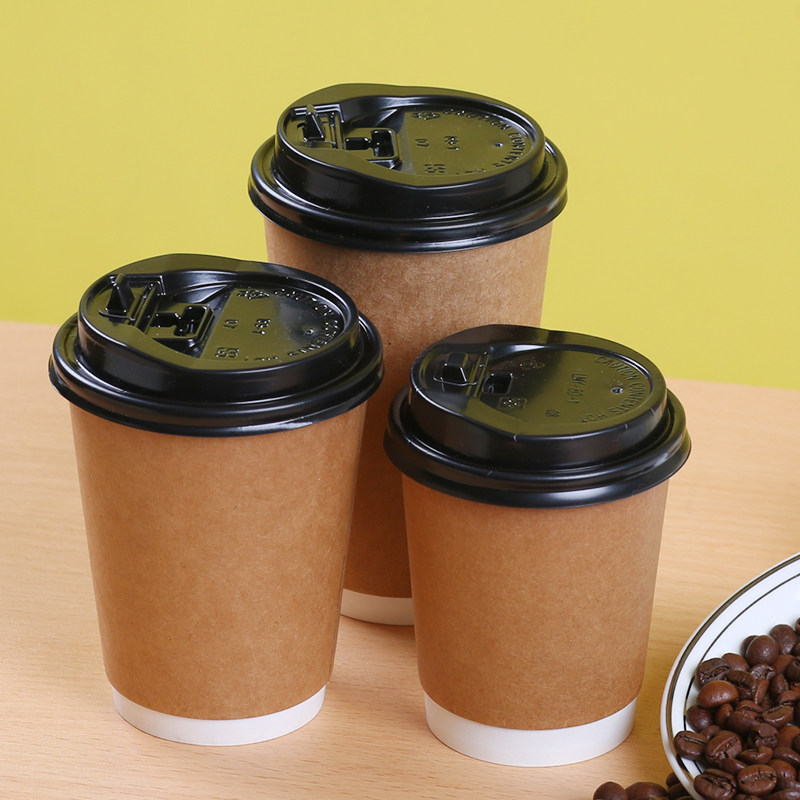 加厚双层纸杯一次性奶茶杯纸杯打包咖啡纸杯子牛皮纸杯带盖500只