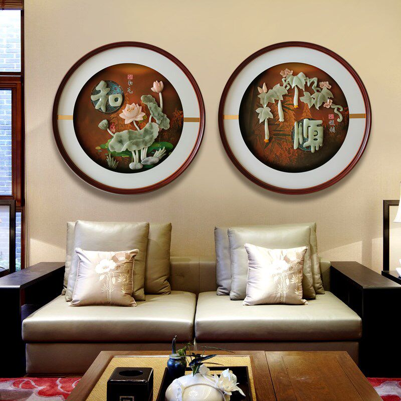 客厅玄关装饰式新中画餐厅挂道走廊过画圆形玉雕LDE灯带玻璃壁挂