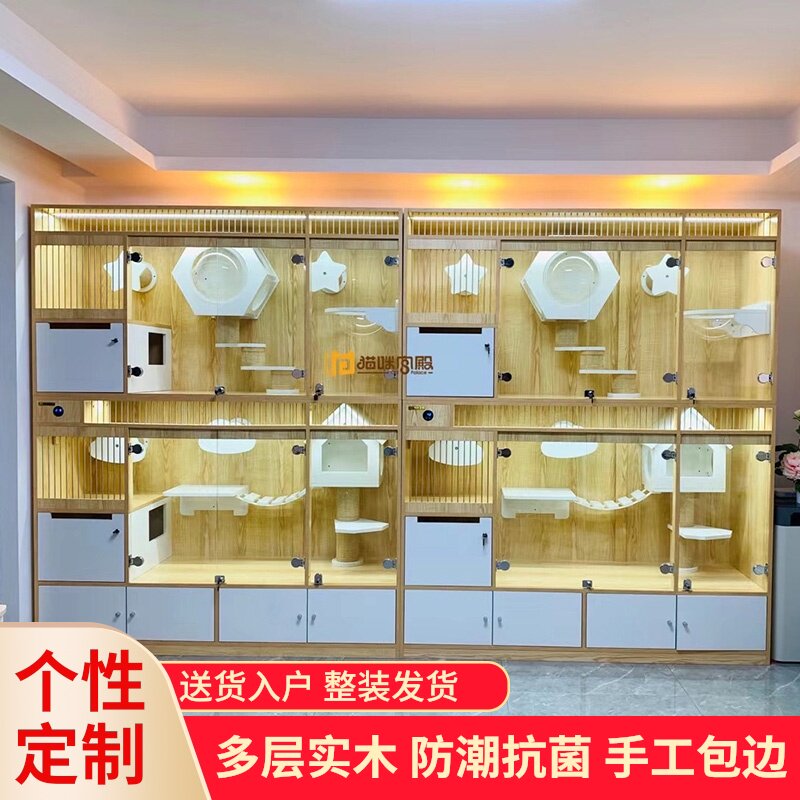 猫咪通殿实木宠物店猫咖透明展柜子宫风猫舍恒温玻璃猫屋定制猫笼