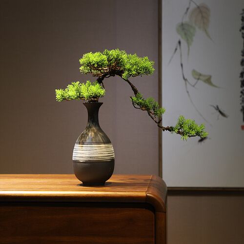 新中盆陶瓷花瓶仿真迎客松小式景插花摆件家居古厅博客架茶室装饰