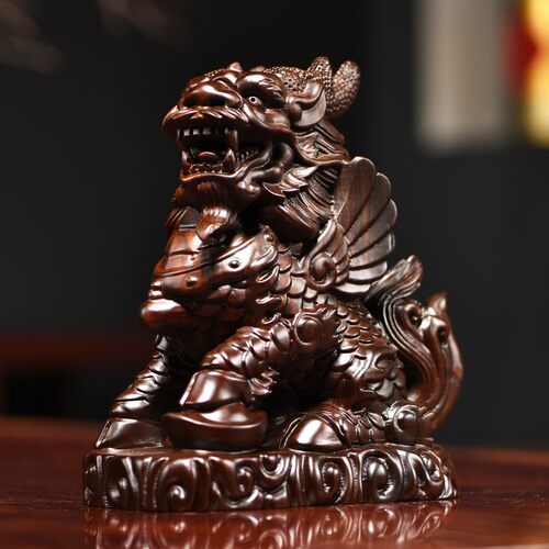 黑檀木雕麒麟一对摆件实木质瑞兽家居客厅办公桌面装饰红木工艺品