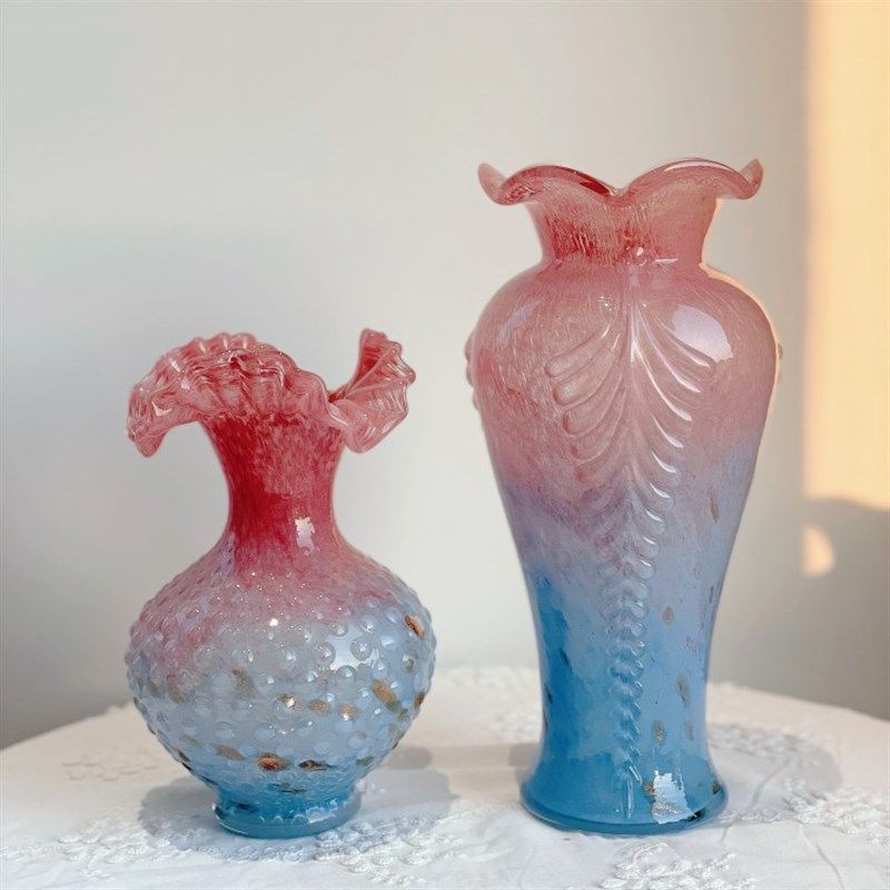 中花芬顿花边粉蓝色渐变洒金手工琉璃装瓶水养插花器家居软古摆件