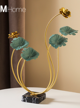 新中式轻奢铁艺荷花摆件创意家居客厅卧室玄关装饰书房办公桌摆设