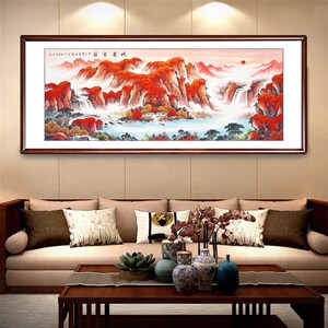 鸿运南头国画山水画手绘迹真聚宝盆靠山图办公室当墙客厅背景挂画