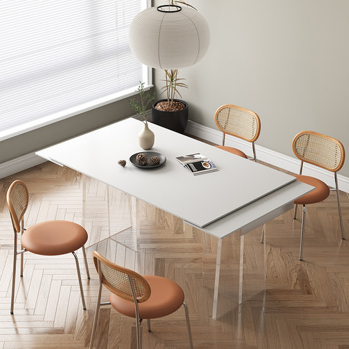 吉诺威亚克力悬浮餐桌奶油风家用小户型饭桌长方形岩板可伸缩餐桌