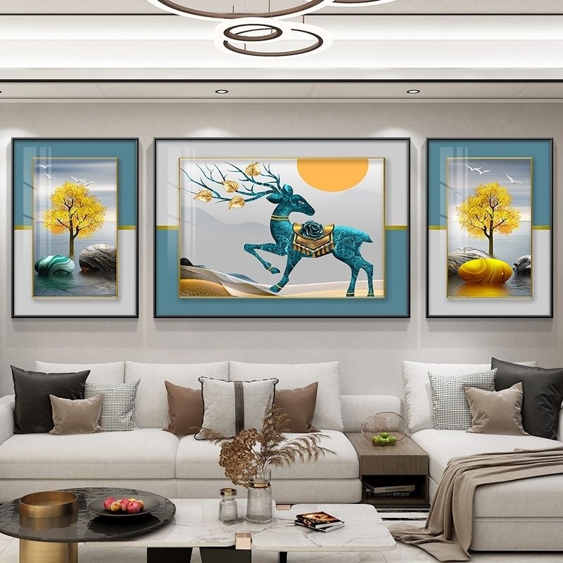 新款现代客厅三联装饰画沙发背景铝合金有框画真钢化玻璃晶瓷画