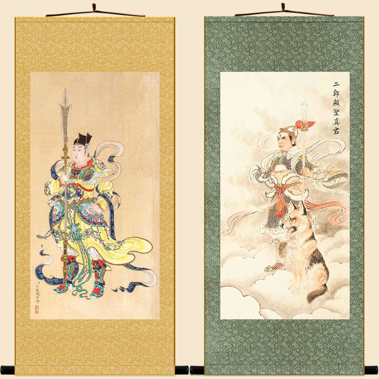 二郎神画像 蹴鞠神杨戬神像画卷场装画 道轴神仙挂饰画定制订做
