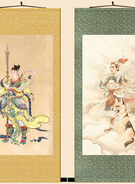 二郎神画像 蹴鞠神杨戬神像画卷场装画 道轴神仙挂饰画定制订做