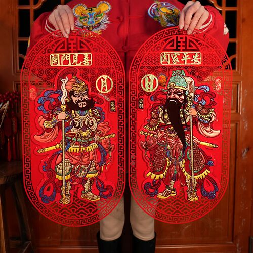 立体门神门贴2024新户单门大门玻璃年窗墙贴年画张飞关羽绒布自粘