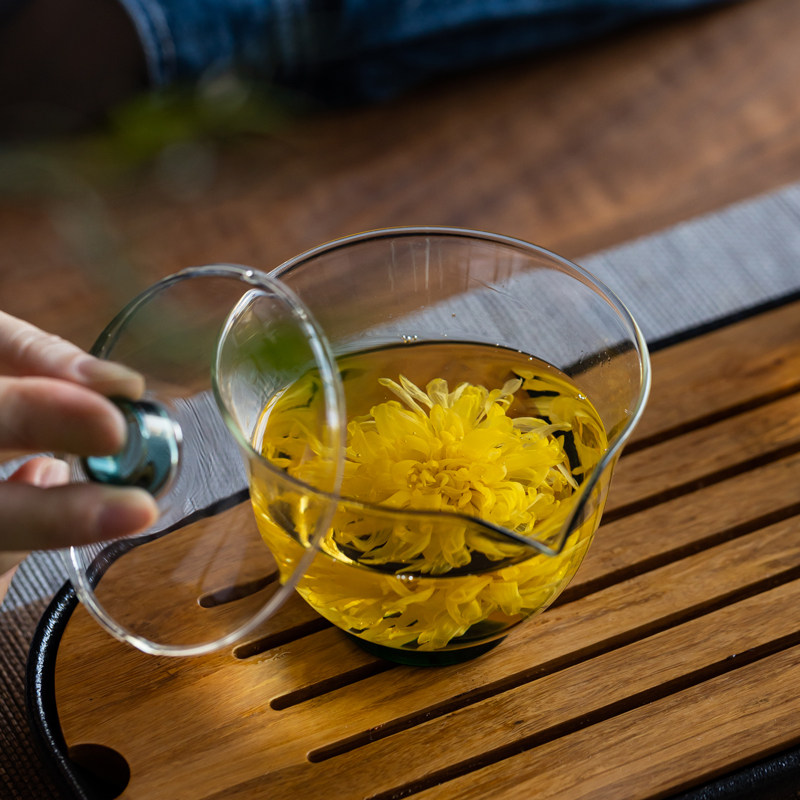 耐高温玻璃盖碗家抓泡茶碗功夫茶具手用茶碗绿耐碗泡茶壶透明茶热