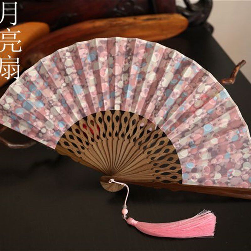 精美少日心粉紫色6寸女扇夏季折叠用扇汉服古典扇女折扇竹柄布扇