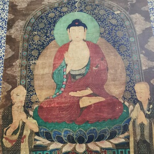 宋代释迦三尊像挂轴复古书画人物国画真迹微喷仿古玄关客厅装饰画