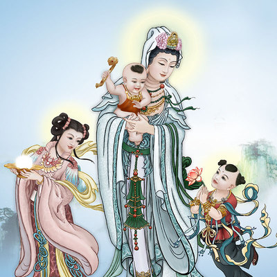 在子观音堂娘观自送神像画像挂画观世音菩萨子孙满娘客厅玄关装饰