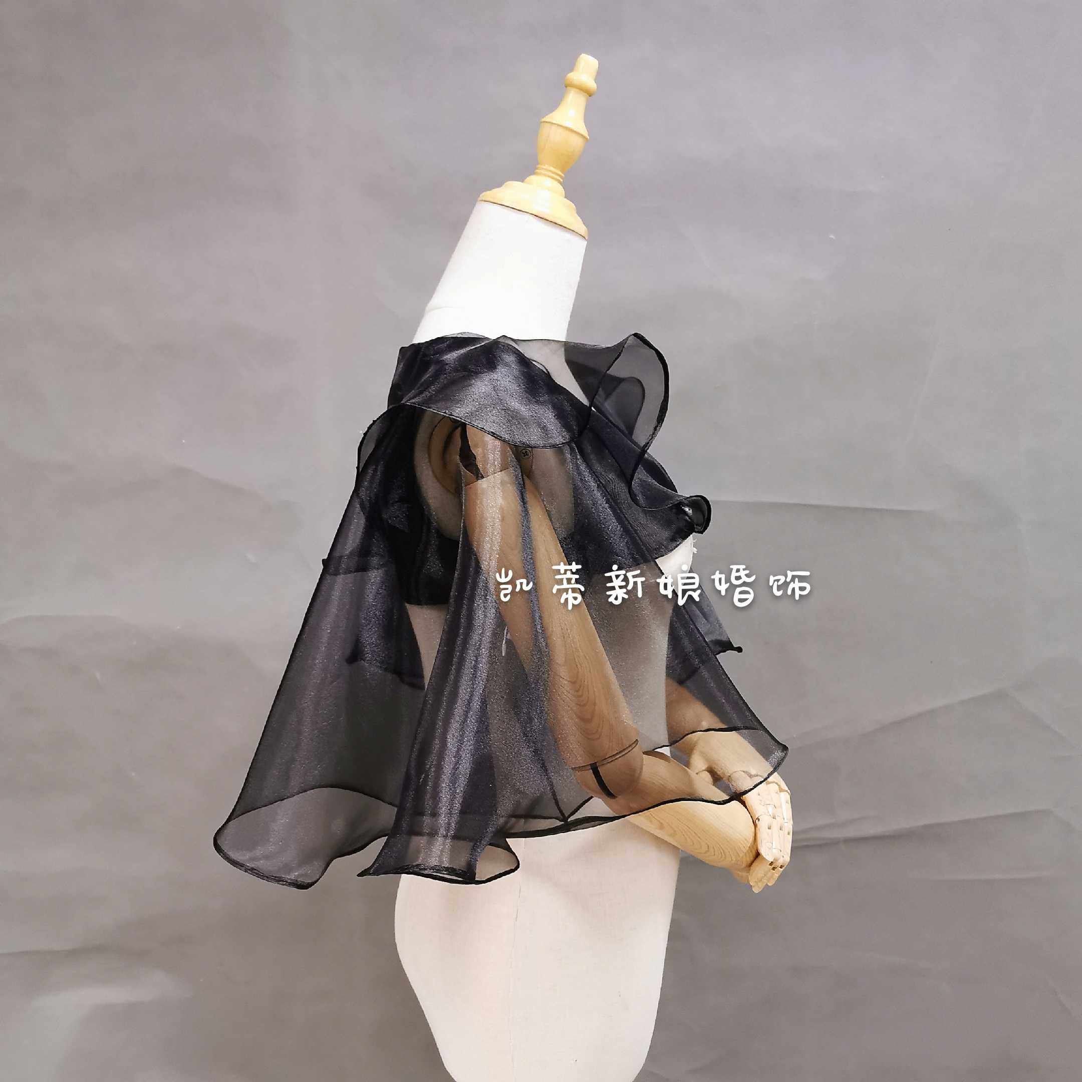新款婚袖计服配饰黑色大喇叭纱高端版型设礼欧根纱披肩有白色
