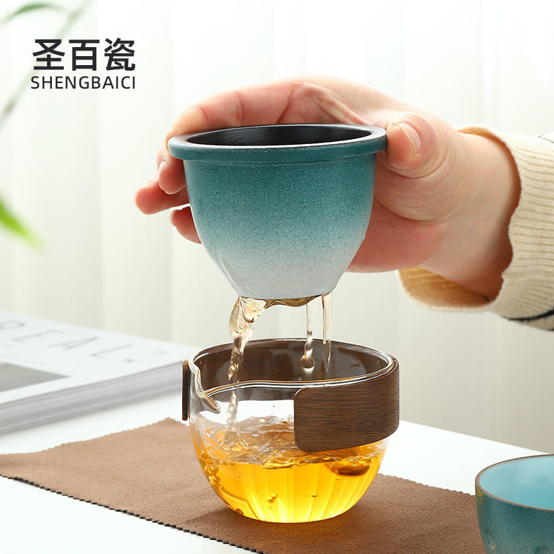 青白渐变单人快客杯便携式盖碗功夫茶具企鹅旅行套装一壶一杯定制