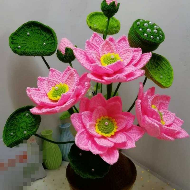 毛线花手工编制荷花成品 材料包毛线手工编织荷花手工毛线花针织