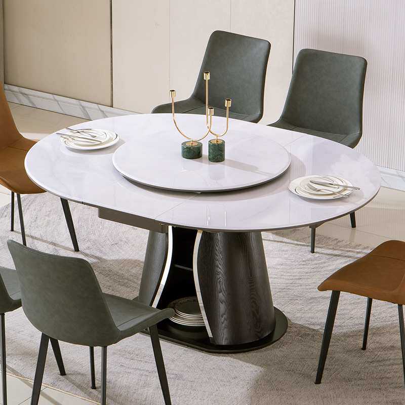 实木岩板餐桌圆桌可伸缩微晶石餐桌椅组合客厅圆形桌子岩板饭桌