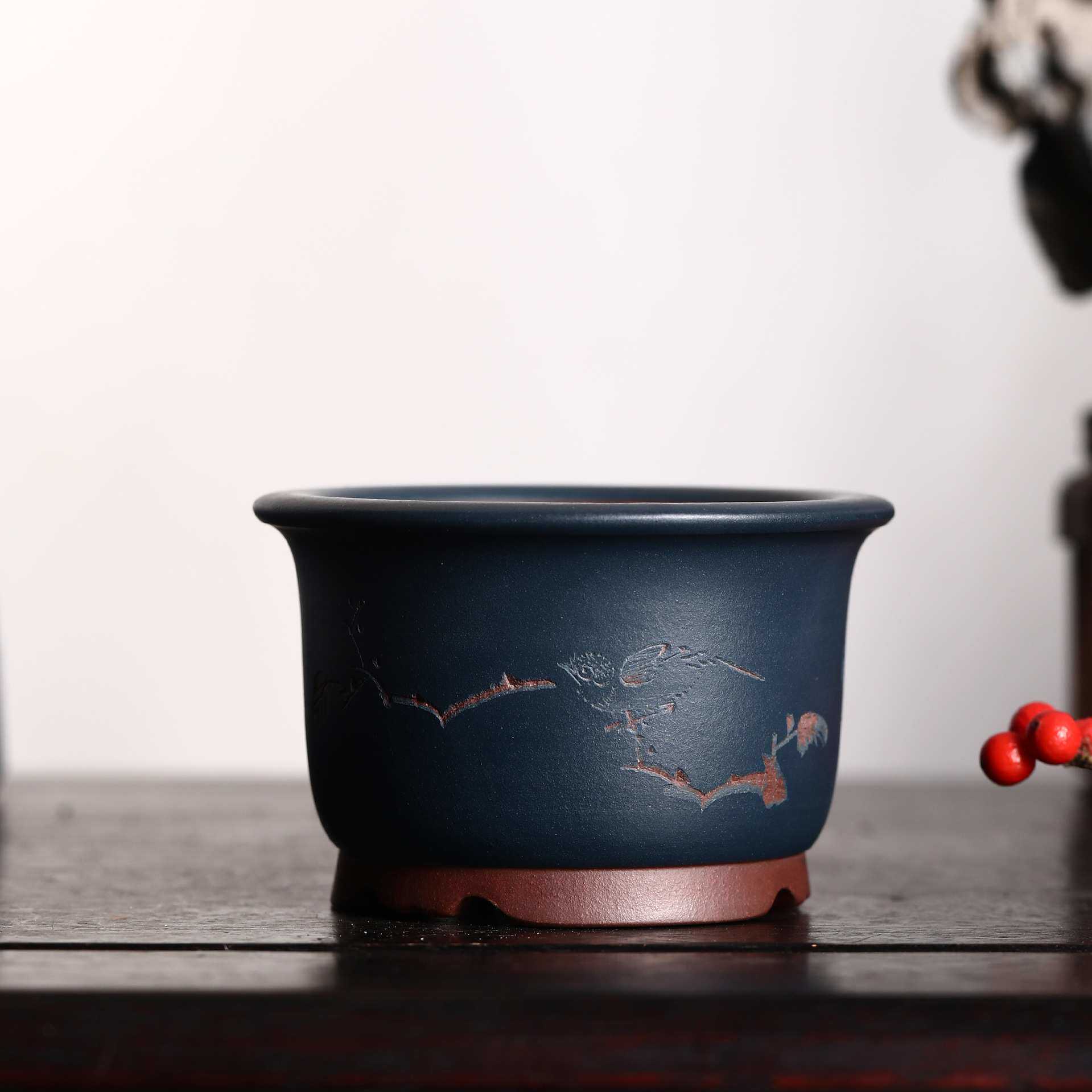 紫砂花盆陶瓷盆景盆小盆微型盆孙伟刻绘名家盆花鸟山水觅陶乡