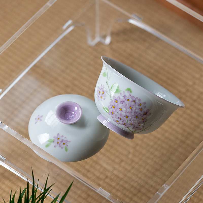 中式颜色釉手绘绣球花二才盖碗陶瓷功夫茶具文艺小号泡茶碗茶杯
