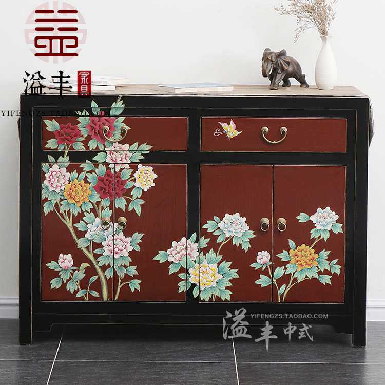 新中式彩绘鞋柜仿古实木玄关门厅装饰餐边柜古典做旧储物柜文件柜