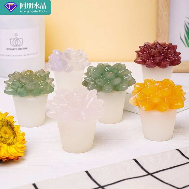 天然水晶多肉盆栽摆件白水晶原石植物雕刻件家居办公桌面装饰摆件