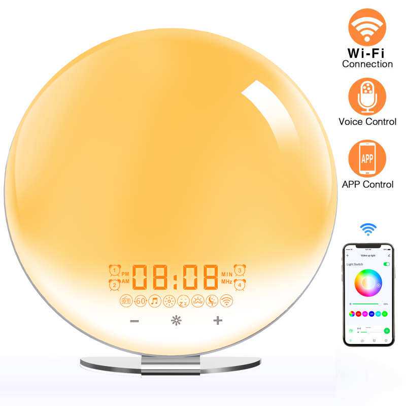 智能唤醒灯闹钟 手机APP控制仿日出日落床头伴睡七彩WiFi语音夜灯