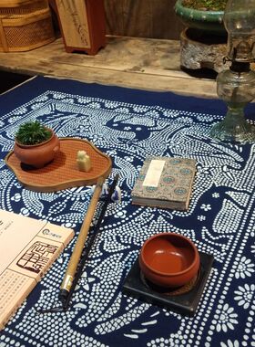 双面手工蜡染蓝印花布土布民族茶馆农家乐中式餐桌布台布茶几盖布