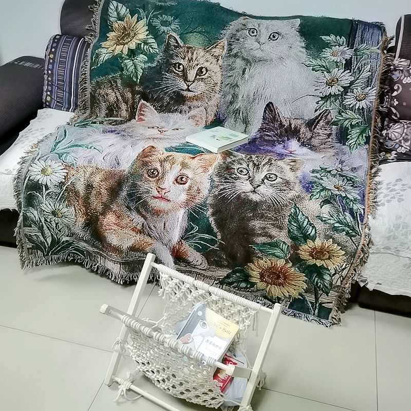 装餐猫咪喵星人直饰挂毯沙发垫沙发毯田园野销垫多功能宠物棉盖巾