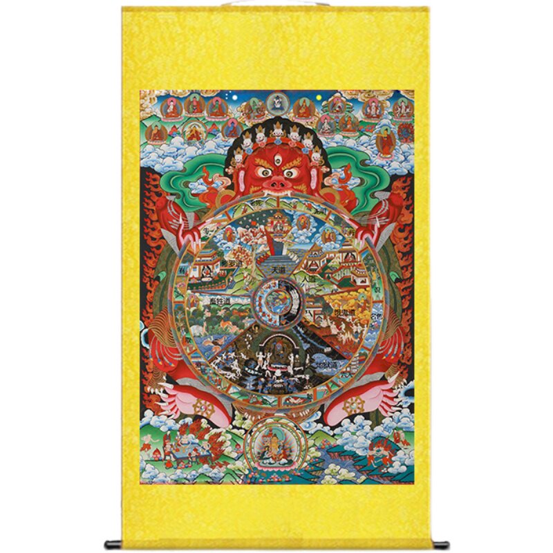 唐卡六道轮回图挂画十二因缘因果报应生死轮回图法场装饰卷轴画