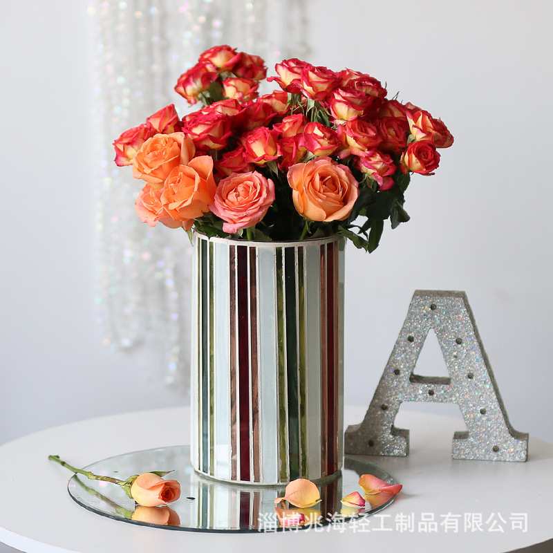 北欧白色条纹马赛克玻璃花瓶客厅餐厅插花水培轻奢高级感装饰摆件