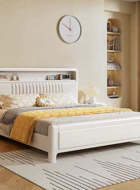 fLE奶油风胡桃木白色实木床1.8M双人主卧床1.5米简约现代储物床