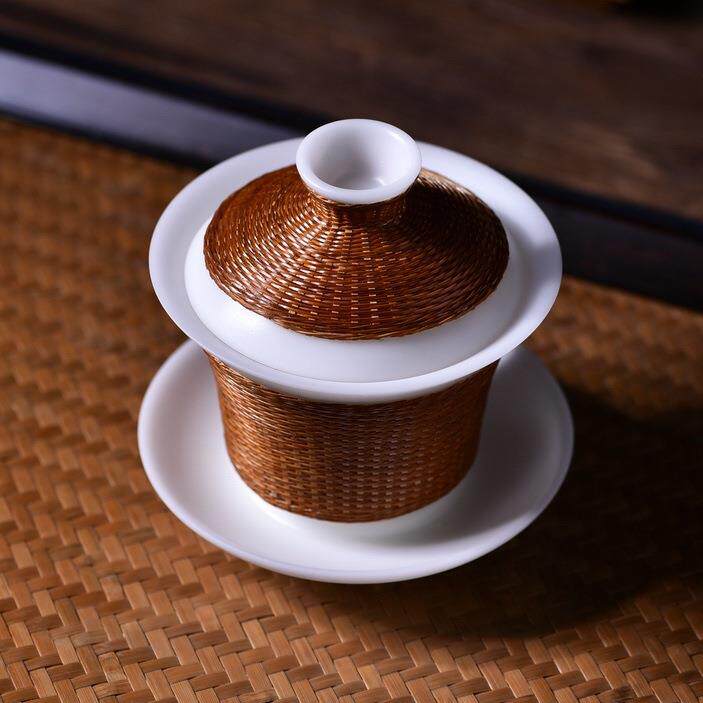 新品竹编竹丝扣精编茶杯羊脂白玉青瓷建盏防烫盖碗主人杯功夫茶具