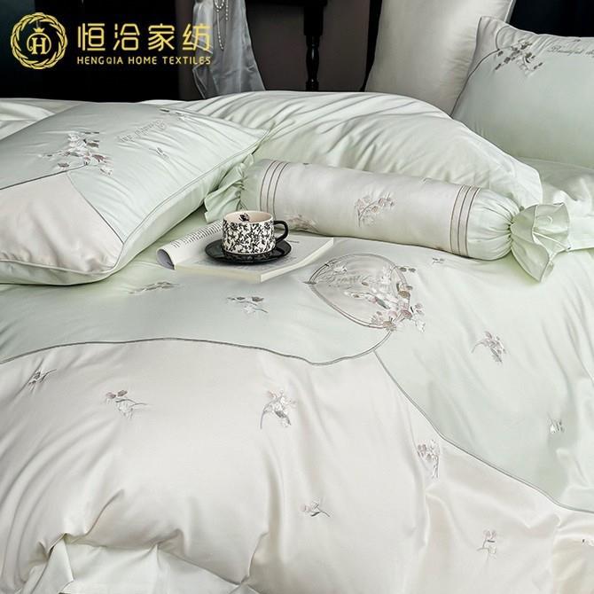 清新铃兰花长绒棉四件套全棉刺绣拼接少女心纯棉被套床上用品绿色