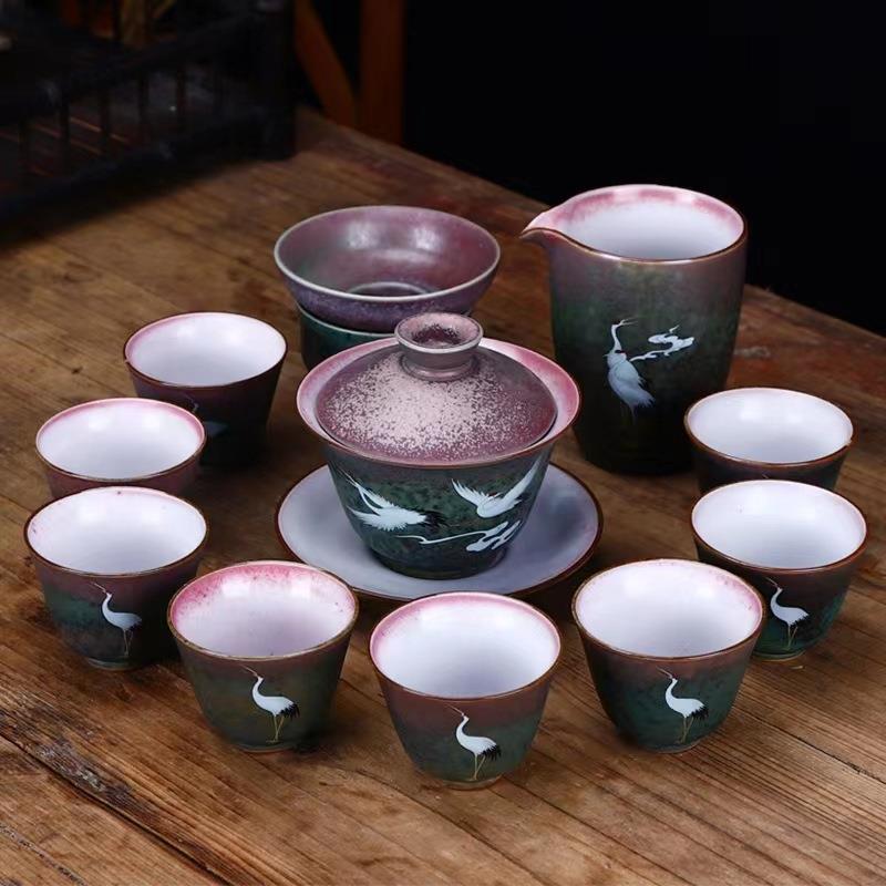 陶瓷功夫茶具家用创意手绘复古整套泡茶工具窑变盖碗茶杯佳节礼品