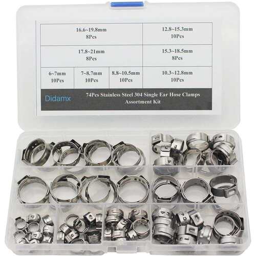 Didamx 74Pcs 7-21mm Stainless Steel 304 Single Ear Hose Clam