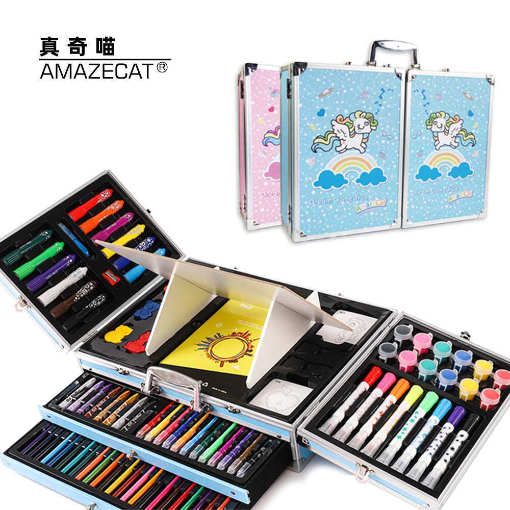 真奇喵铝合金礼品礼盒文具套装蜡笔水彩笔画板铅笔儿童文具大礼包