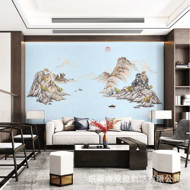 刺绣电视背景墙卧室客厅床头巴山蜀水新中式山水独绣无缝壁布墙布