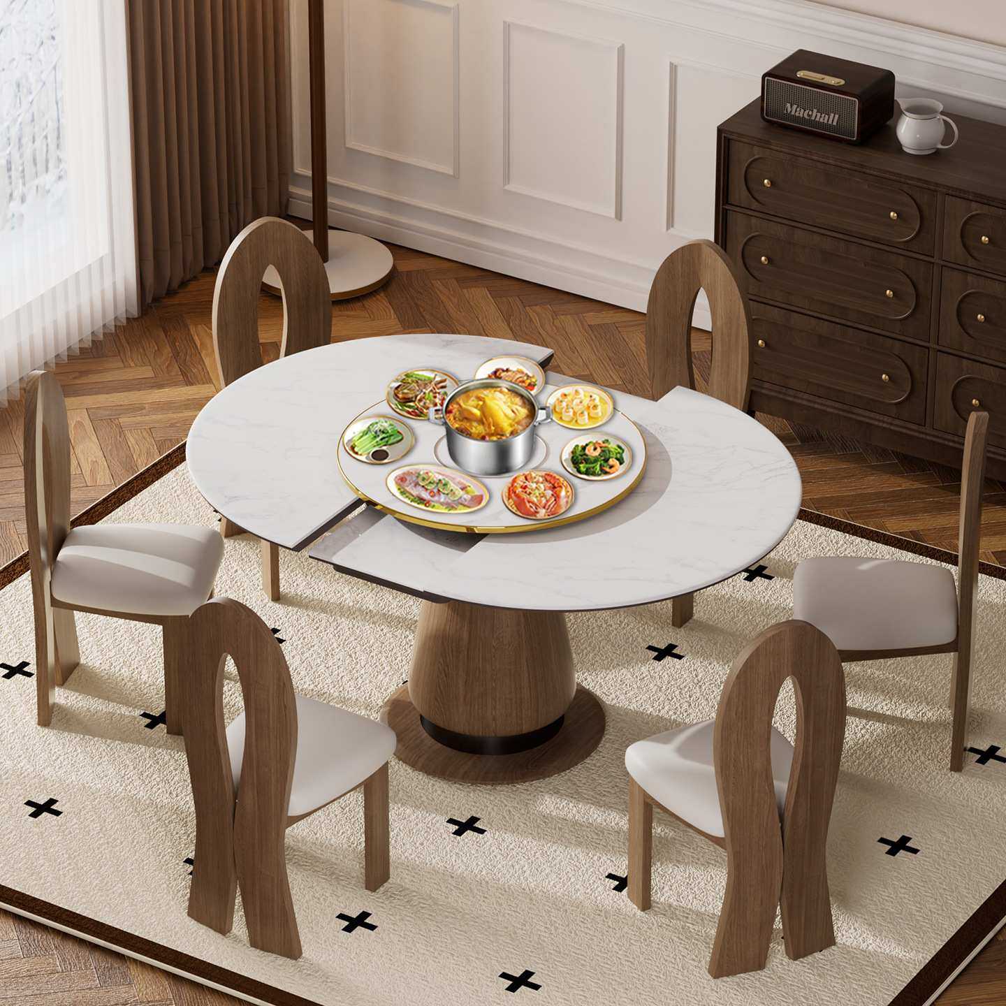 餐桌圆形桌可伸缩折叠变形家用小户型微晶石岩板暖菜转盘吃饭桌子