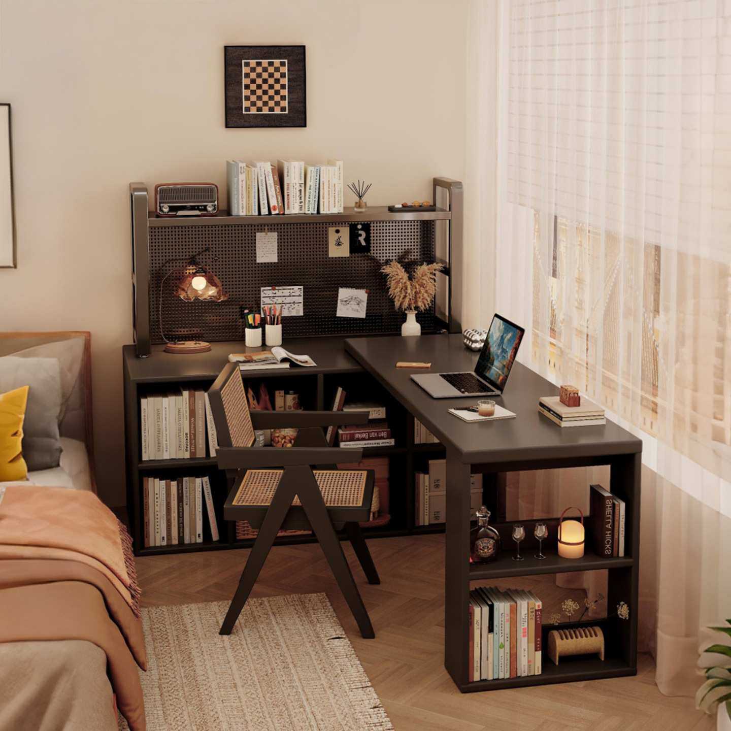 书桌洞洞板成人家用梳妆台黑色桌子收纳柜一体卧室转角L型电脑桌,3C数码配件,摄像机配件,淘宝优惠券,粉丝福利购,淘宝优惠卷